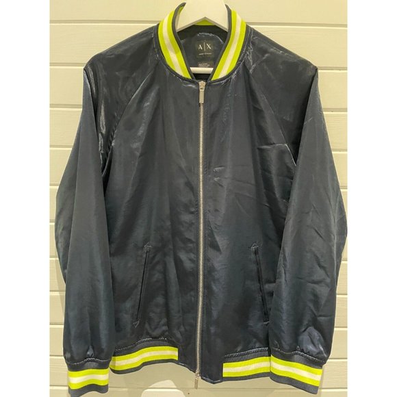 A|X Armani Exchange rare embryoid Men's L dark blue satin bomber Blouson Jacket - Picture 2 of 14